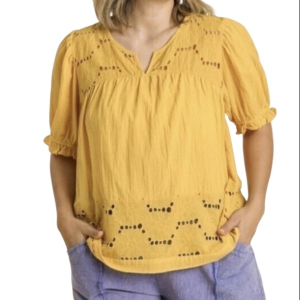 UMGEE Mustard Eyelet Floral Embroidered Boho Cottagecore Top SZ Large
